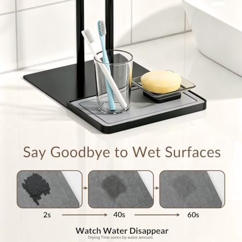 NADAMOO Standing Towel Rack for Bathroom, Adjustable Hand Towel Holder | 13.8"-24" Height, Diatomite Tray, Wide Weighted Base, 2 Bars with 4" Gap for Airflow, Rustproof Black Metal, No Drill