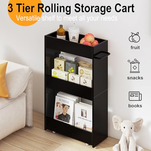MARTY Slim Rolling Storage Cart 7.9" W Laundry Cart with Wheels,Wood, Black | Narrow Utility Cart Between Washer and Dryer, 3 Tier Mobile Shelving Unit for Kitchen, Laundry, Bathroom, Office, Living Room - color: Black