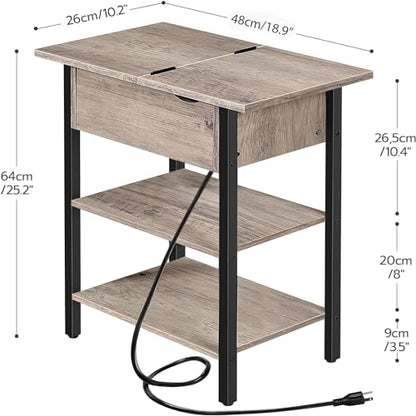 HOOBRO Side Table, Flip End Table with Charging Station and Shelves, USB Ports & Power Outlets, Narrow Nightstand for Small Spaces, Living Room, Stable and Sturdy, Greige and Black BG341BZ01 - color: Greige+black