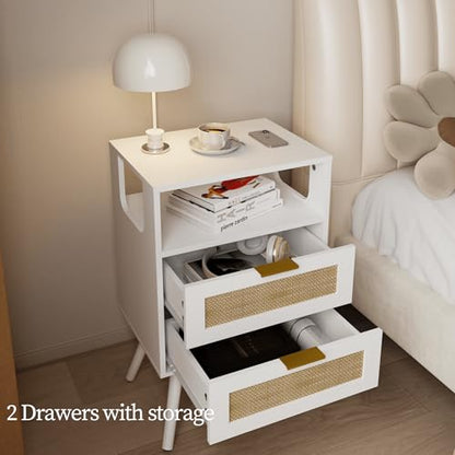 JOONEE Rattan Nightstand,Farmhouse Bedside Table with 2 Storage Drawer and Open Wood Shelf, for Bedroom and Small Spaces,Night Stand with Solid Wood Legs (White) - color: White