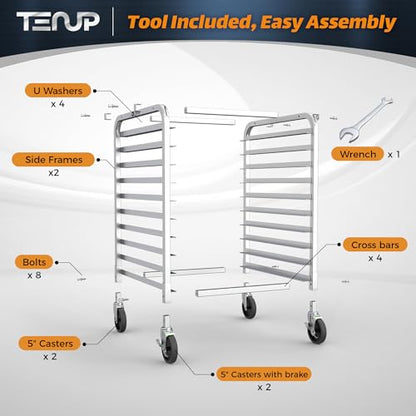 TenUp 10-Tier NSF Aluminum Sheet Pan Rack, Commercial Bakery Cooling & Storage Cart with Wheels, Heavy-Duty Bun Rack – 26" L x 20" W x 38" H - size: Full Size 10-Tier