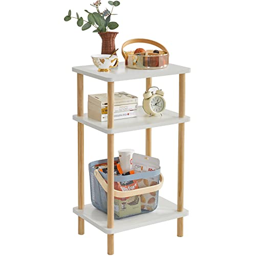 IBUYKE 3-Tier Side Table, Solid Wood Tall End Table with Storage Shelves, Nightstand Bedside Table for Living Room Bedroom Office, No-Tool Assembly, White UWST003W - color: White, size: 11.42" x 15.35" x 26.96"
