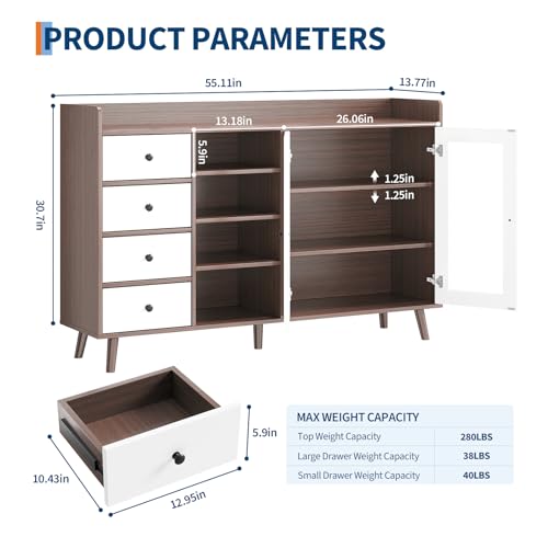 GarveeLife 55" Large Sideboard Buffet Cabinet with Storage, 30" Tall Modern Kitchen Storage Cabinet,Adjustbale Shelf, Coffee Bar, Long Accent Table for Dining Room, Living Room, Entryway,Brown - color: Brown