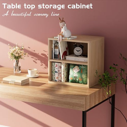 Cube Storage Organizer Shelf, 2 Tiers Stackable Bookshelf, Wooden Display Bookcase with 2 Cube Storage, Small Storage Cabinet for Living Room Bedroom, Natural