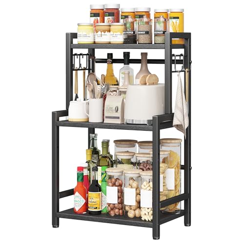 Kitchen Countertop Organizer, 3 Tier Large Spice Rack Organizer with Adjustable Shelf and 5 Hooks, Wooden Counter Organizer, Space Saving Countertop Shelf Microwave Stand for Kitchen,Coffee Bar,Black - color: Black, size: Small