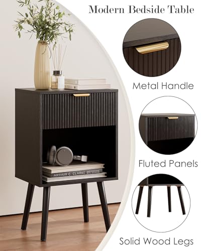 Black Fluted Nightstand, Modern Bedside Table with Storage Drawer, Wood Night Stand Side End Table for Bedroom, Living Room, Office - color: Black