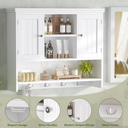 Bathroom Wall Cabinet with Doors and Hooks, 3-Tier Wall Mounted Cabinet | Modern Medicine Cabinet with 3 Open Shelves, Over the Toilet Storage Cabinet for Kitchen, Laundry Room, Living Room, White - color: White
