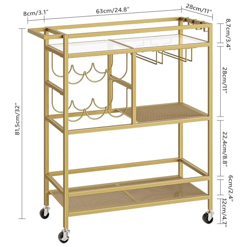 MAHANCRIS Bar Cart for Home, 3-Tier Serving Cart with Wheels and Handle, Beverage Cart with Wine Rack and Glass Holders, Rolling Wine Cart for Kitchen, Dining Room, Gold RCJ61B01 - size: 24.8''L x 11''W x 32''H