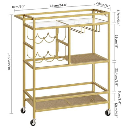 MAHANCRIS Bar Cart for Home, 3-Tier Serving Cart with Wheels and Handle, Beverage Cart with Wine Rack and Glass Holders, Rolling Wine Cart for Kitchen, Dining Room, Gold RCJ61B01 - size: 24.8''L x 11''W x 32''H
