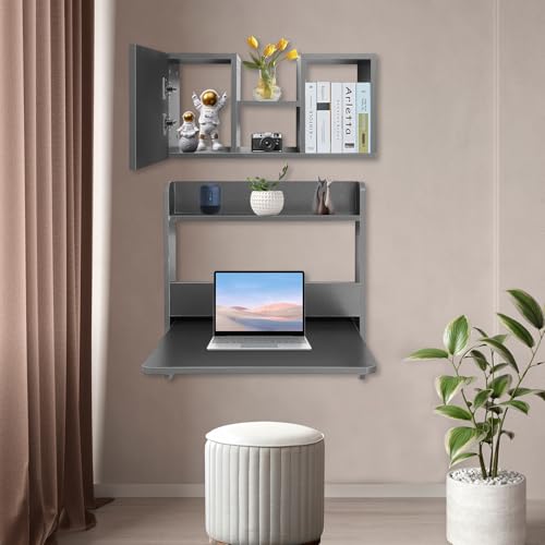 Wall Mounted Bookshelf with Moveable Cabinets, Multifunctional Folding Floating Desk, Fold Down Laptop Table with Storage Shelves for Bedroom Study Room Space Saving Small Space Garage (Grey) - color: Grey