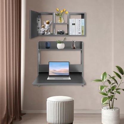 Wall Mounted Bookshelf with Moveable Cabinets, Multifunctional Folding Floating Desk, Fold Down Laptop Table with Storage Shelves for Bedroom Study Room Space Saving Small Space Garage (Grey) - color: Grey