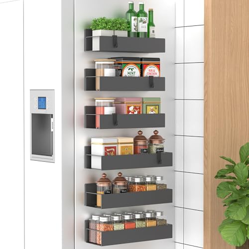 Metal Magnetic Spice Rack for Refrigerator Dark Gray, 6 Pack | Magnetic Shelves Heavy Duty for Fridge in Kitchen, Seasoning Storage Organizer, For Oven Washer and Dryer, For Heavier Items - color: Dark Grey, size: 6 Pack