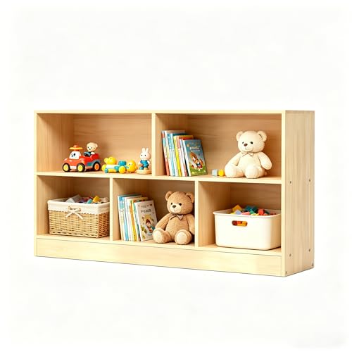 Montessori Toy Storage Organizer,Rubber Wood Kids Storage Bookshelf with 5 Compartments,Wooden Kids Storage Bookcase Cabinet for Toddler Playroom, Bedroom (Natural, 2-Tier, Rectangular-Medium)