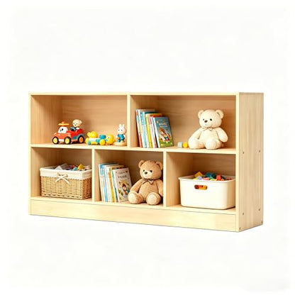 Montessori Toy Storage Organizer,Rubber Wood Kids Storage Bookshelf with 5 Compartments,Wooden Kids Storage Bookcase Cabinet for Toddler Playroom, Bedroom (Natural, 2-Tier, Rectangular-Medium)