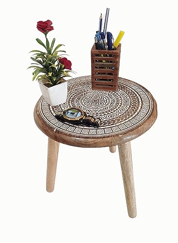 VANIYA CRAFTS® Wooden Engraved Fold-able Side Table/End Table/Plant Stand/Stool for Living Room Bedroom Restaurant Kids Play Furniture Table Round Shape (Natural White 2) - color: Natural White 2