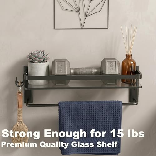 VOLPONE Glass Shelf for Bathroom 15.7 in Black Bathroom Shelves Wall Mounted Tempered Glass Shelving with 4 Removable Hooks (2 Tier) - style: 2 tier with towel hooks-black