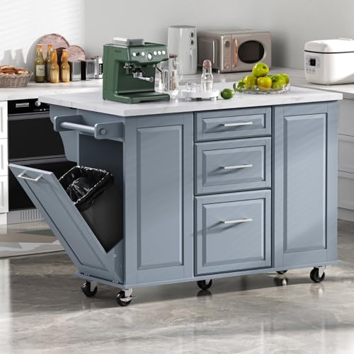 Kitchen Island with Trash Can Storage Cabinet and Faux Marble Top | Grey Blue, 50.7" Rolling Kitchen Cart on Wheels with Drop Leaf, Spice Rack, Towel Rack and Adjustable Shelf for Dining Room - color: Grey Blue