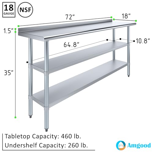 AmGood Stainless Steel Work Table with 1.5" Backsplash and 2 Shelves | Metal Kitchen Food Prep Table | NSF (72" Long x 18" Deep) - size: 72" Long x 18" Deep