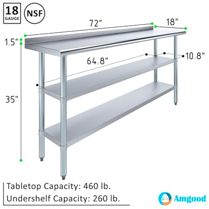 AmGood Stainless Steel Work Table with 1.5" Backsplash and 2 Shelves | Metal Kitchen Food Prep Table | NSF (72" Long x 18" Deep) - size: 72" Long x 18" Deep
