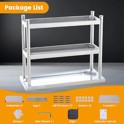 Stainless Steel Table, 14 x 36 x 34 in, 3-Tier Metal Prep Table with 2 Undershelf & Gloves, Commercial Kitchen Utility Workstation for Restaurant, Hotel, Laundry, Garage, Indoor, Outdoor, BBQ