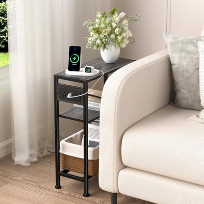Small Narrow Side Table with Charging Station, Skinny End Table for Small Spaces, Slim Nightstand with Outlets, Sofa Bedside Table in Living Room, Bedroom, Study, Kitchen and Balcony(Grey) - color: Grey