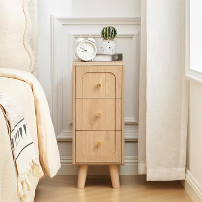 Narrow Nightstands with 3 Drawers, Wooden Farmhouse Bedside Tables, Slim End Tables with Storage, Small Night Stand for Bedroom, Living Room, Small Spaces - color: Natural-3drawers-1pcs