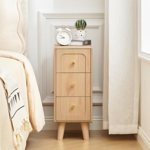 Narrow Nightstands with 3 Drawers, Wooden Farmhouse Bedside Tables, Slim End Tables with Storage, Small Night Stand for Bedroom, Living Room, Small Spaces - color: Natural-1pcs, size: 3 Drawers