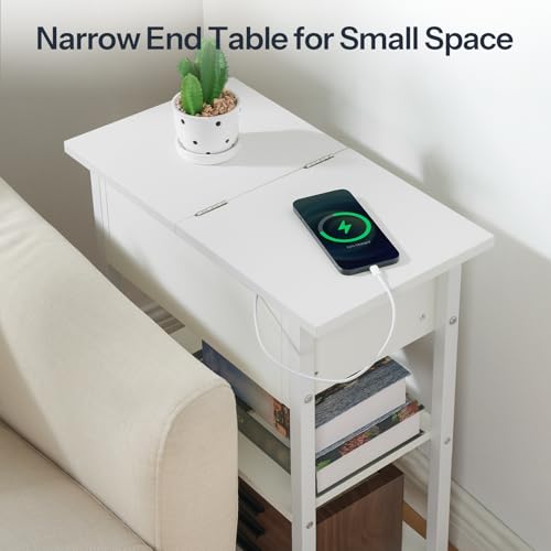 HOOBRO End Table with Charging Station, Narrow Side Table, Flip Top Nightstand with USB Ports and Outlets, Bedside Tables with Shelf for Small Spaces, Living Room, White WT341BZ01 - color: White