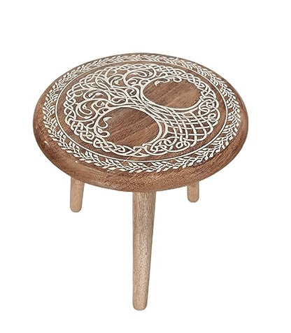 VANIYA CRAFTS® Wooden Engraved Fold-able Side Table/End Table/Plant Stand/Stool for Living Room Bedroom Restaurant Kids Play Furniture Table Round Shape (Natural White 4) - color: Natural White 4