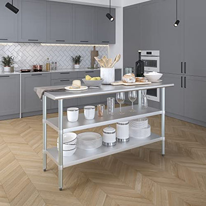Stainless Steel Work Table with 2 Shelves | Metal Utility Table | Commercial & Residential NSF Utility (Stainless Steel Table with 2 Shelves, 60" Long x 24" Deep) - size: 60" Long x 24" Deep