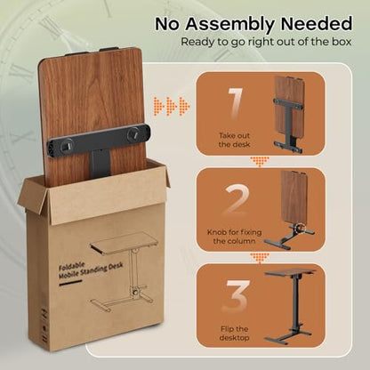 Foldable Mobile Standing Desk, 27 Inch Small Rolling Laptop Cart Height Adjustment, 90° Tiltable Bedside Table, No Assembly Needed Portable Computer Workstation, Dark Wood - color: Dark Wood