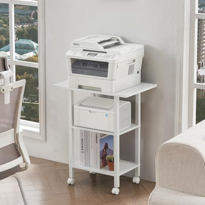 YUFAM 3 Tier Home Printer Stand with Storage, White | Wooden Mobile Printer Table Shelf, Rolling Printer Cart Shelf with Lockable Wheels fit Fax Machine, Scanner - color: White, size: 15.75"D×23.65"W×25.7"H