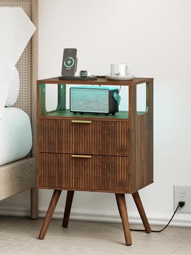 Leomonio Nightstand with Charging Station and LED Lights, Modern Bedside Table with 2 Storage Drawer and Open Wood Shelf for Bedroom and Small Spaces, Night Stand with Solid Wood Legs - color: Walnut Brown-outlet