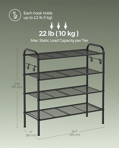 SONGMICS Shoe Rack, 4-Tier Shoe Organizer, Metal Shoe Shelf Storage with 4 Side Hooks, Holds 15 Pairs of Shoes, Height-Adjustable Shoe Rack for Entryway, Hallway, Closet, Ink Black ULMR069B01 - size: 4 Tiers (26.7"W)