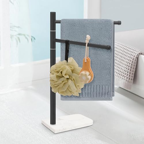 Standing Hand Towel Holder, Hand Towel Stand with Marble Base, 304 Stainless Steel Towel Rack with 2 Swivel Arm, Countertop Stand Towel Ring Towel Bar for Bathroom (Matte Black) - color: Matte Black