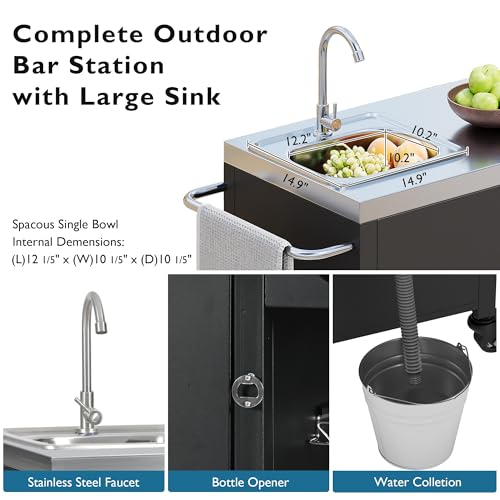 Merax 55.5" Outdoor Kitchen Island, Metal Grill Cart Table with 304 Stainless Steel Sink, Outdoor Bar Cart Sink Station with 4 Lockable Wheels for Pizza Prep & BBQ, Black
