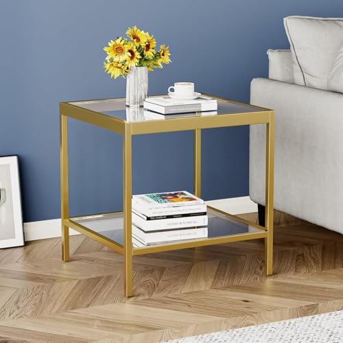 2 Tier Square End Table Side Table with Tempered Glass Top and Gold Metal Frame Modern Night Stand for Small Spaces Side Table with Storage for Living Room Bedroom - color: Gold, style: Style 1