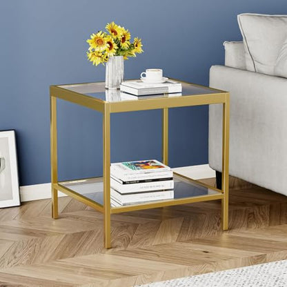 2 Tier Square End Table Side Table with Tempered Glass Top and Gold Metal Frame Modern Night Stand for Small Spaces Side Table with Storage for Living Room Bedroom - color: Gold, style: Style 1