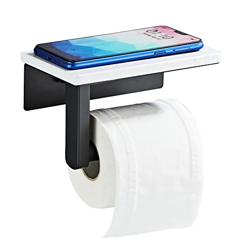 Matte Black Toilet Paper Holder with Shelf, 304 Stainless Steel Screw Wall Mounted, Marble Tissue Roll Holder with Storage - color: Matte Black