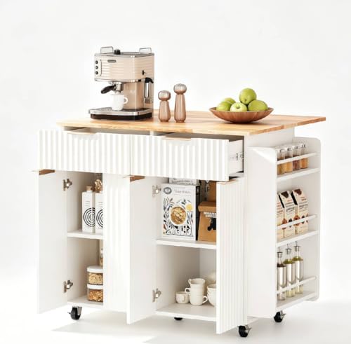 VINGLI Fluted Kitchen Island with Storage, Rolling Kitchen Cart on Wheels with 2 Drawers & 4 Doors, Adjustable Shelves, Portable Kitchen Island with Rubber Wood Top, White - color: White, size: 32.9"