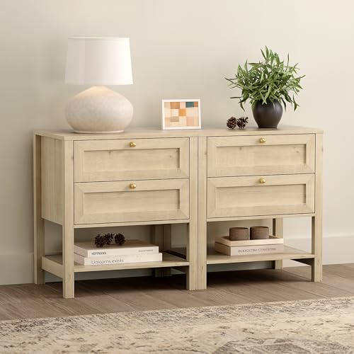 Farmhouse Nightstand Set of 2, Wooden Farmhouse Floor Night Stand with 2 Storage Drawers and Open Shelf, Bedside Table for Sofa Light Oak - color: Light Oak, size: 2 PCS (2 Drawers)