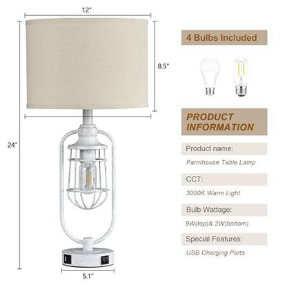 Farmhouse Table Lamps for Living Room Set of 2, Lamps for Night Stands Set of 2, Industrial Bedside Lamps for Bedroom Nightstand with USB A+C, Bulbs Included - color: White
