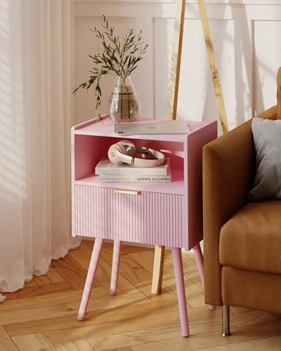 JOONEE Nightstand,Modern Bedside Table with Storage Drawer and Open Wood Shelf, for Living Room, Bedroom and Small Spaces, Accent Night Stand with Solid Wood Legs, Easy Assembly,Classic Pink - color: Pink