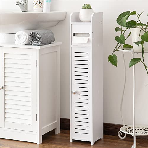 AOJEZOR Small Bathroom Storage Cabinet: No Drill Ultra-Narrow for Renters - color: White