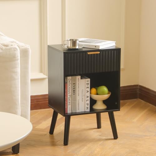 Fultyle Fluted Black Nightstand with Charging Station, Mid Century Modern Bedside Table with Drawers and Outlet, Side Tables Living Room, Wooden Night Stand for Bedroom, Office (Black) - color: Black With Charging Station