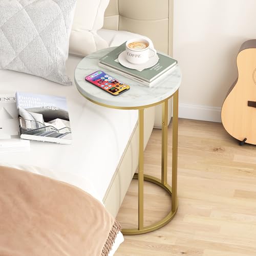 Function Home C Table End Table, Marble C Shaped Sofa Side Table, Couch Tables that Slide Under, Snack Accent Table for Living Room Bedroom Small Space, Marble Top and Gold Metal Frame - color: Round Gold
