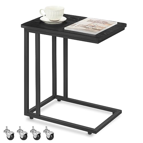 VASAGLE End Table, C Shaped TV Tray with Metal Frame Rolling Casters for Coffee Laptop Mobile Tablet, Industrial Side Table for Living Room Bedroom, 19.7 x 13.8 x 23.6 Inches, Ebony Black, ULNT050B56 - color: Ebony Black, size: 19.7"W x 21.7"H, style: Wit