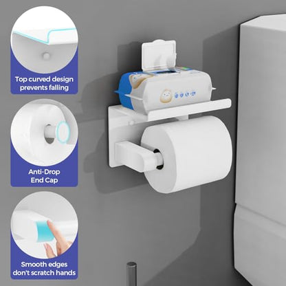 Bntuk Toilet Paper Holder with Shelf, Self-Adhesive or Screw Wall Mount Toilet Paper Holder with Wipes Storage, Rustproof Stainless Steel Tissue Roll Holder for Bathroom Washroom (White) - color: White