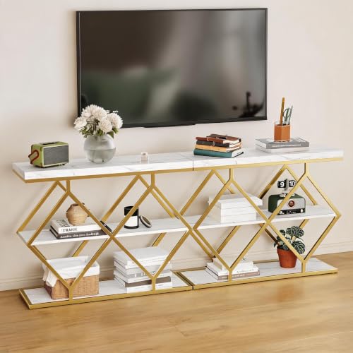 Garvee 3 Tier Console Table,39" Industrial Entryway Table,Open Wood Shelves | Sofa Table,Narrow Wood Accent Tables with Metal Frame for Hallway,Living Room,Behind Couch,Foyer,Entrance,White - color: White + Diamond-shaped