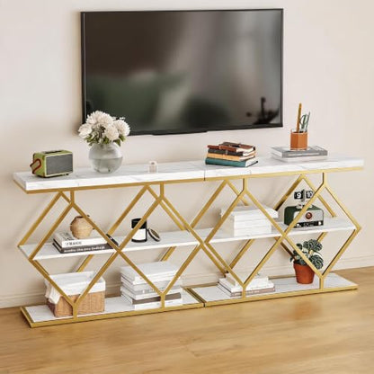 Garvee 3 Tier Console Table,39" Industrial Entryway Table,Open Wood Shelves | Sofa Table,Narrow Wood Accent Tables with Metal Frame for Hallway,Living Room,Behind Couch,Foyer,Entrance,White - color: White + Diamond-shaped